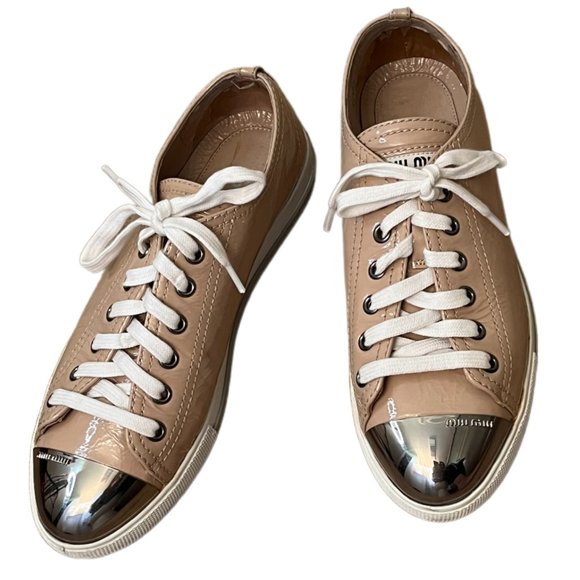 Miu Miu Tan Patent Leather Metal Cap Toe Sneakers Size 36 (US Size 6) - Picture 11 of 15
